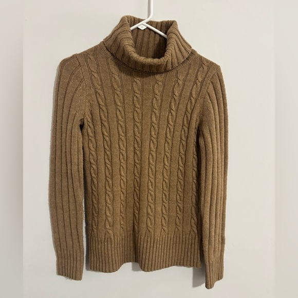 Women’s J. Crew Camel Cable Knit Turtleneck Sweater Wool Blend Oversized XS - Picture 2 of 5